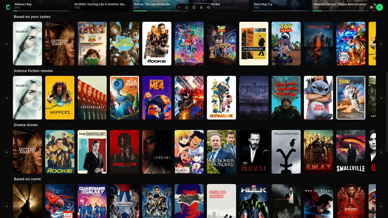 Cove desktop home with a featured title and media rows