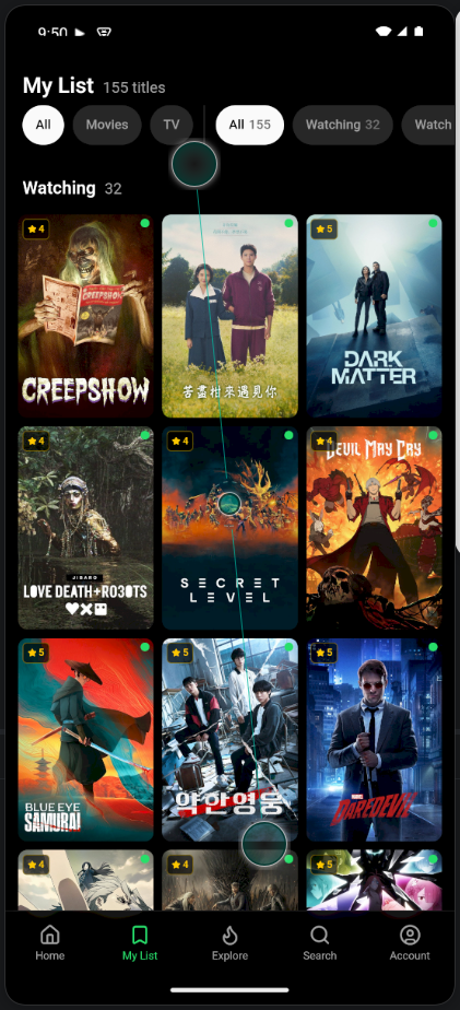 Cove mobile library grid with ratings and watch states