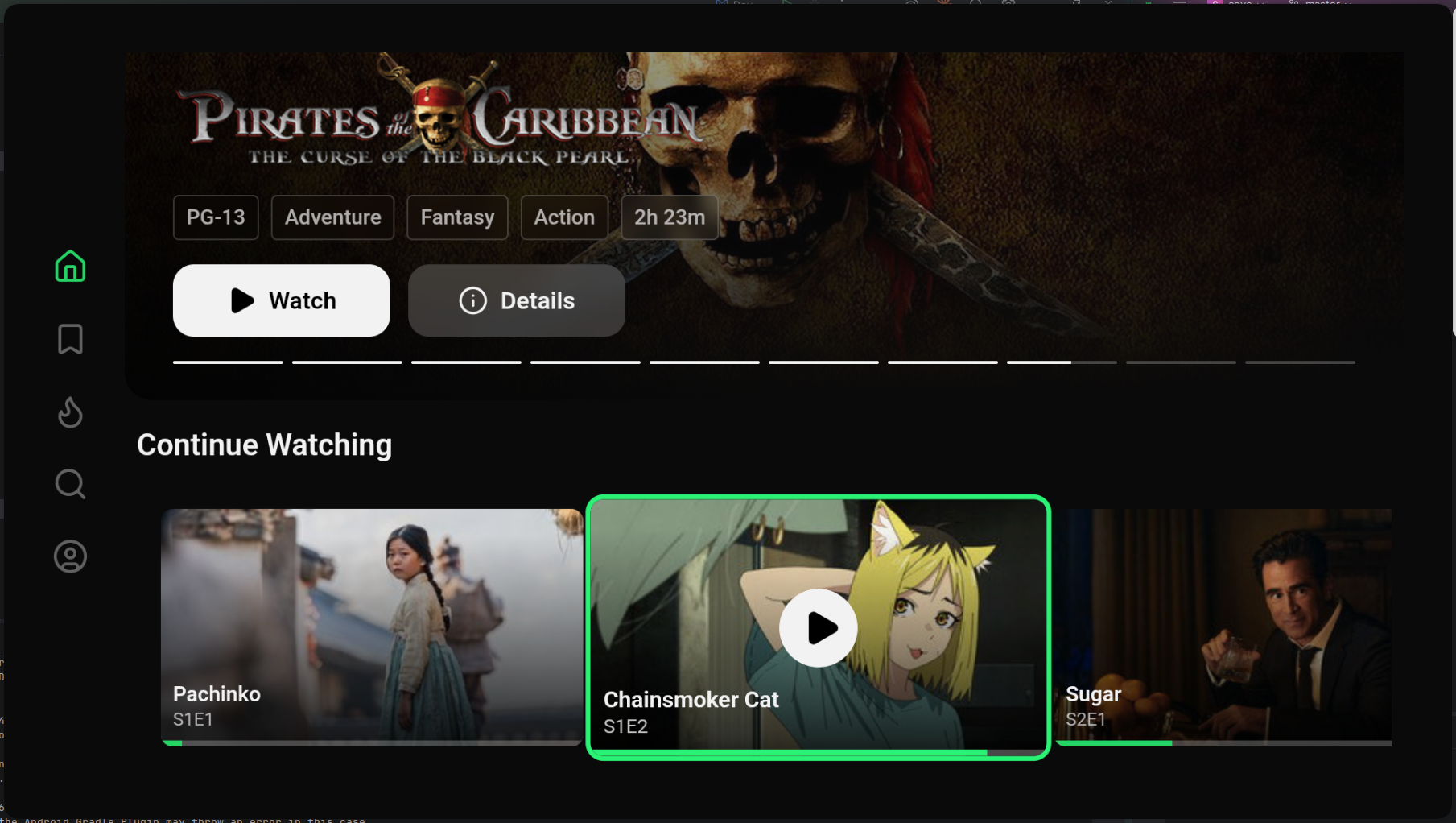Cove on Android TV with a featured title and continue watching